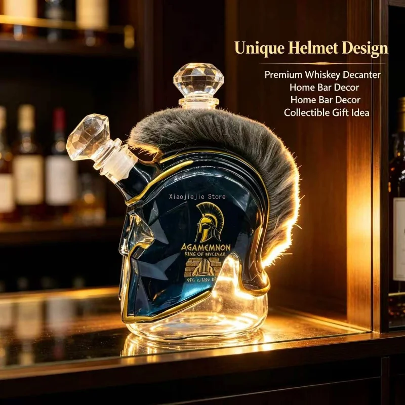 Spartan Helmet Shaped Glass Decanter, Vintage Wine Whiskey Bottle, Home Bar Decor Gift for Men