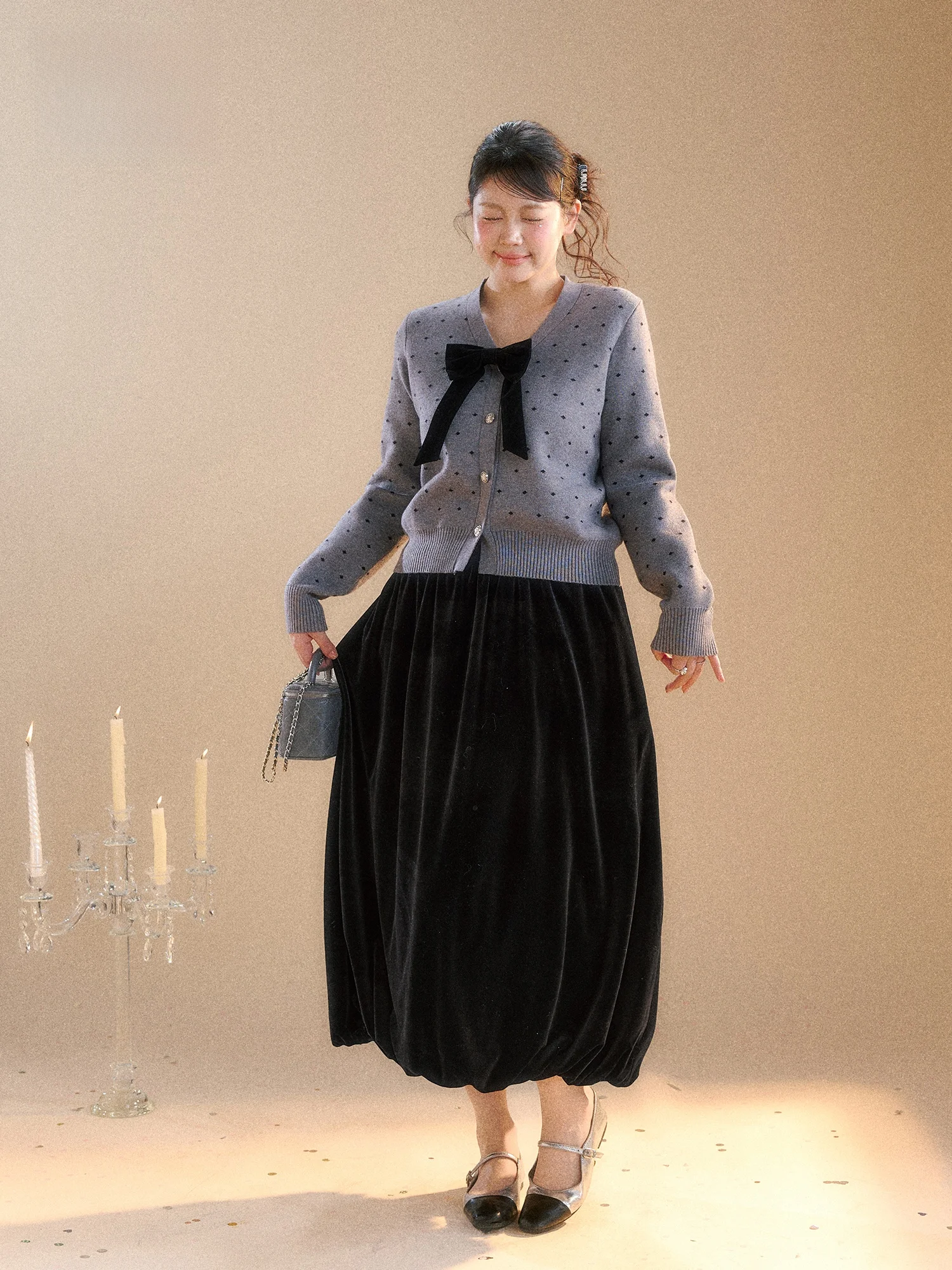 

plus Size Women's Grey Polka Dot Velvet Sweater Coat Black Silk Half Skirt Set High Waist A-Line Dress Casual Winter Fashion