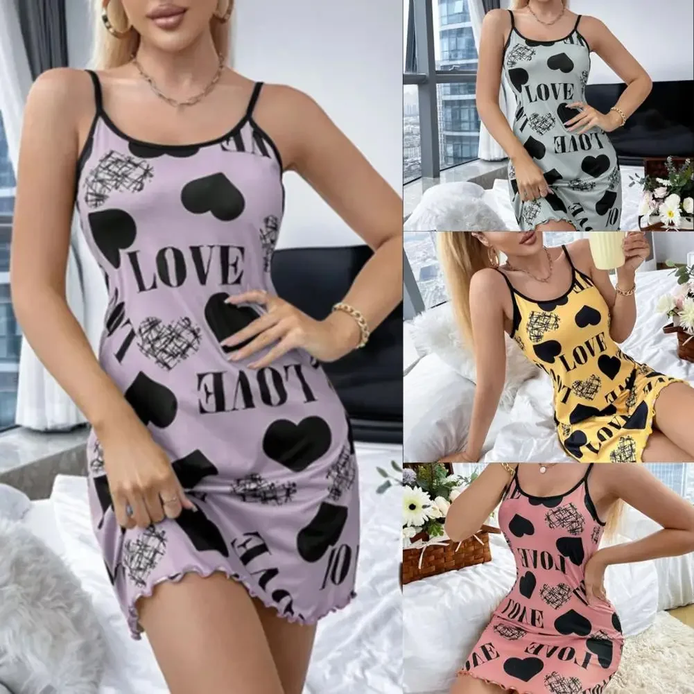 Women Nightdress Heart Print Letter Pattern Sleeveless Sleepwear Backless Sleeping Scoop Neck Above Knee Lady Nightie
