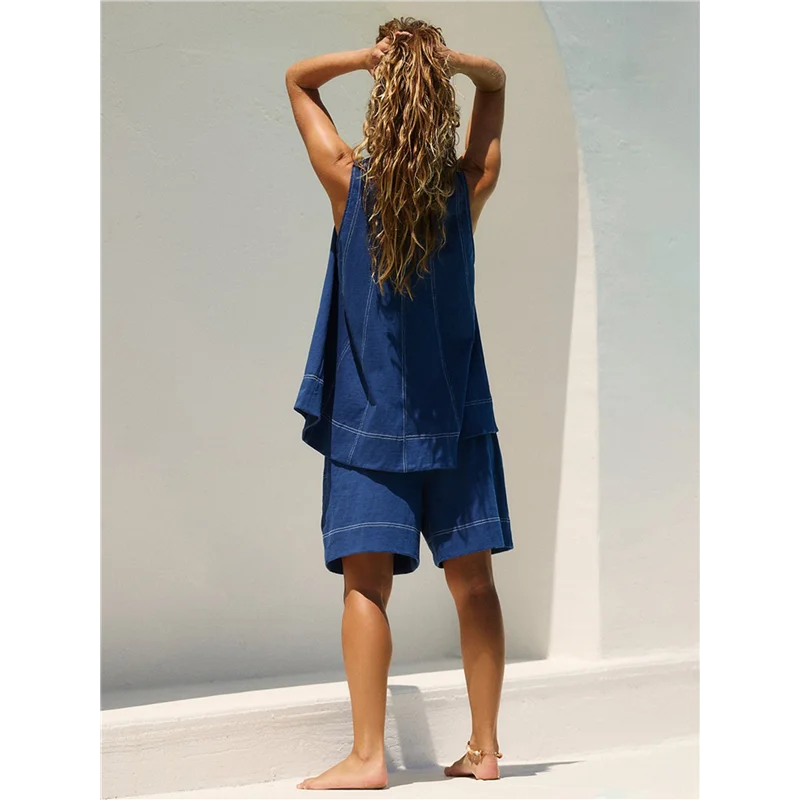 

AG-Womens Summer 2 Piece Sets Beach Vacation Outfits High Neck Tank Top And Shorts Set