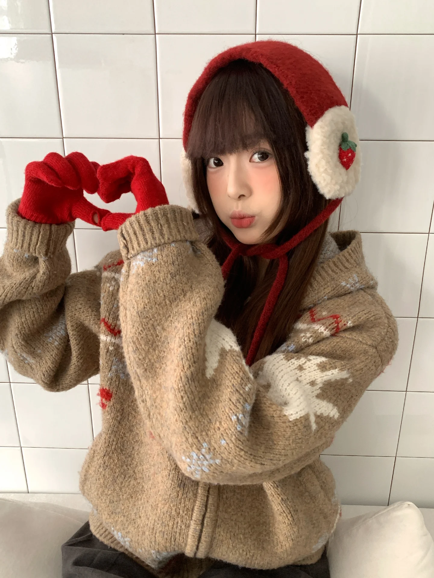 New Year Cute Strawberry Plush Red Earmuffs For Women Thickened Warm Earmuffs For Cold Winter
