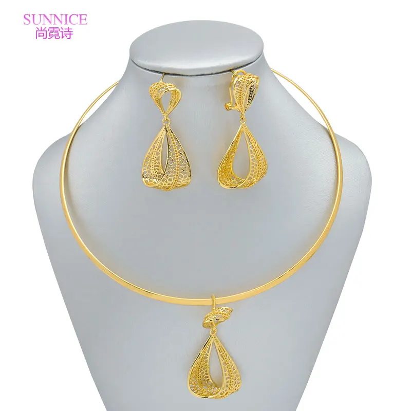 Luxury 18K Gold Plated Necklace Drop Earrings Fashion Jewelry Sets for Women Conjuntos De Joyas For Party Hollow Accessories