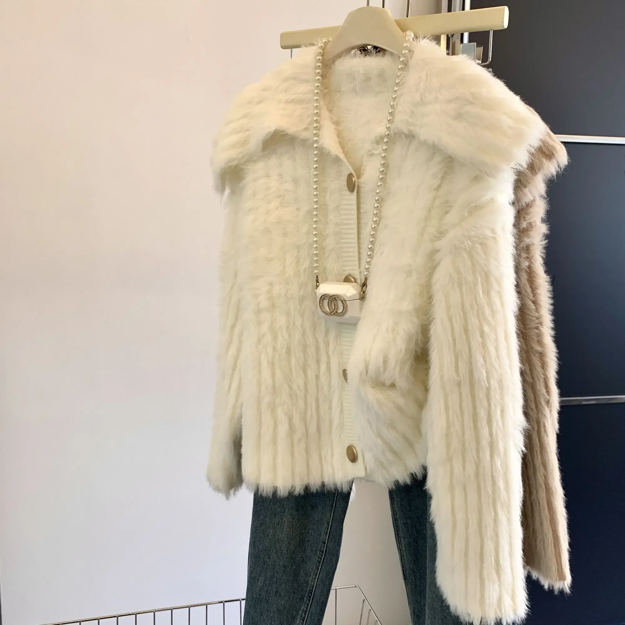 Mink coat, doll fur, lazy sweater, thick knit, autumn and winter new cardigan top, worn outside knitted cardigan 5