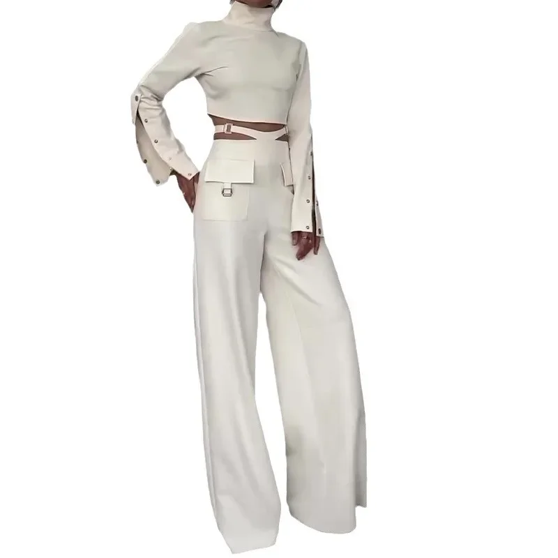 Women Pant Set Solid Two Piece Sets Turtleneck Full Sleeve Tops Sexy Wide Leg Long Pants Loose Casual Regular Splice 2024