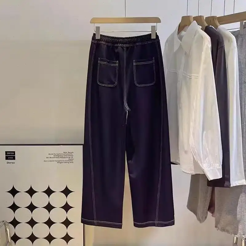 Women Jeans Wide Leg Pants Drawstring Lace Up High Waist Washed Distressed Pockets Straight Trousers Streetwear 2025 Denims