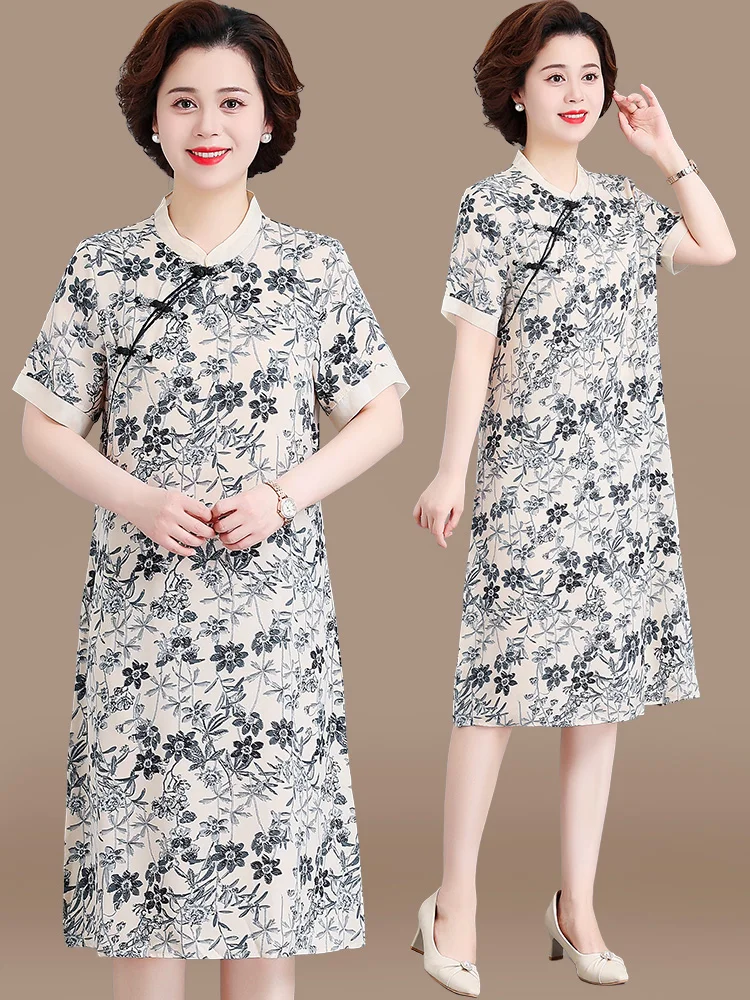 

Элегантное летнее платье для женщин среднего возраста, модная женская одежда с коротким рукавом, стильное полиэстеровое платье с круглым вырезом Mi...