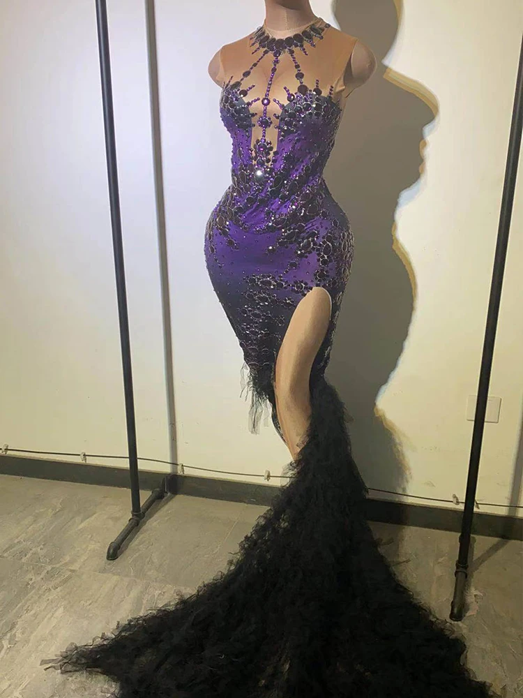 Sexy Purple Black Gradient High Neck Mermaid Fabric Dress with Long Slit Drag Queen Gogo Dance Singer Formal Dress Costumes