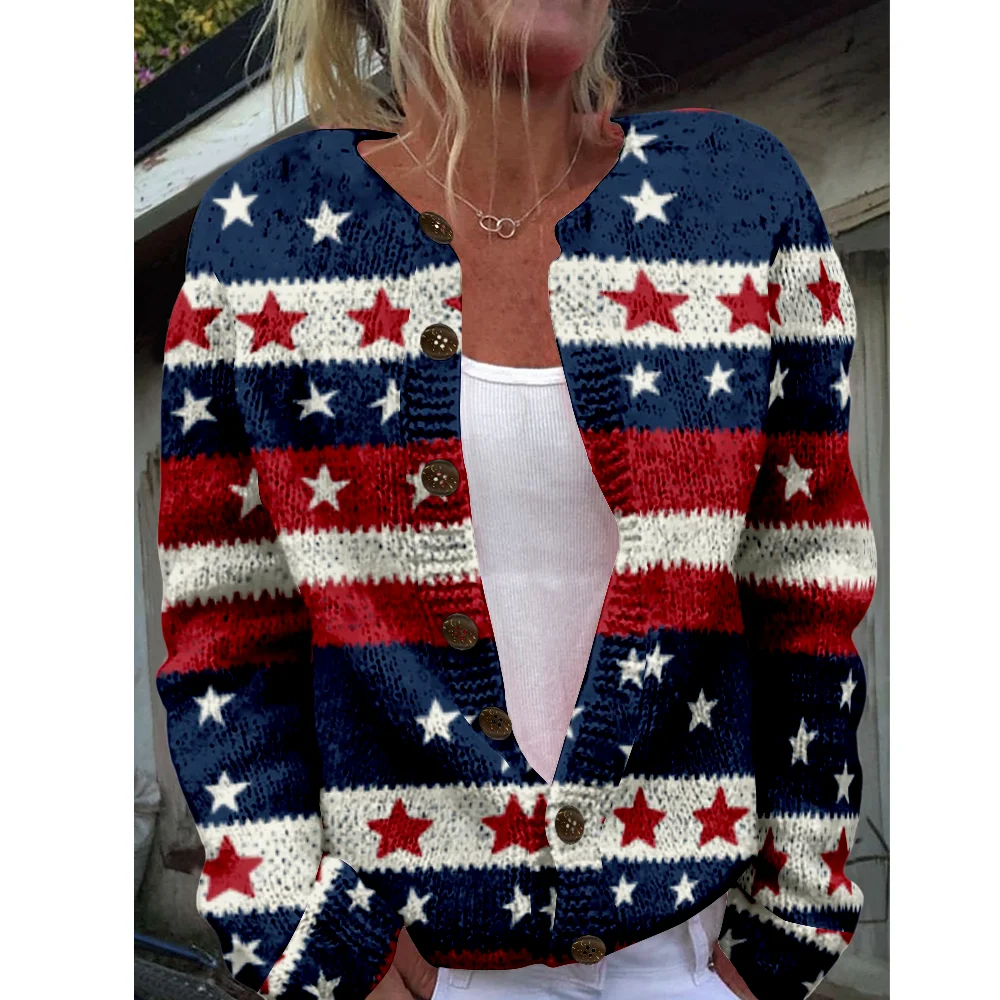 American style Women Milled Pit Stripe Patchwork Color with Stars Button Long Sleeve Lady Casual Extensions Cardigan Jacket Coat