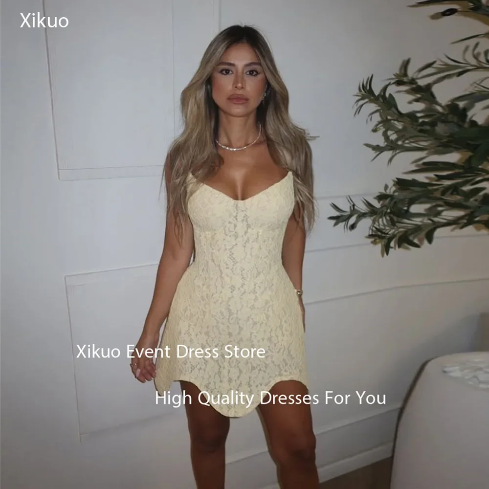 

Xikuo Бледно-желтые кружевные вечерние платья Bodycon выше колена трапециевидной формы платья для выпускного вечера аппликации без рукавов платья для выпускного вечера по индивидуальному заказу
