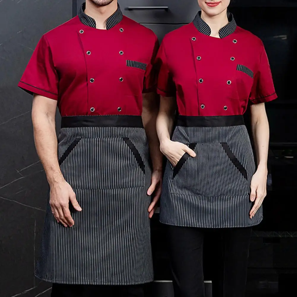 Stand-up Collar Chef Uniform Professional Chef Uniform Set with Short Sleeve Shirt Apron Breathable for Restaurant