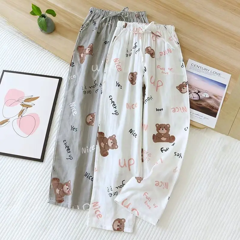 

Summer Women's Pajama Pants Cotton Gauze Home Pants Cartoon Loose Shorts 2024