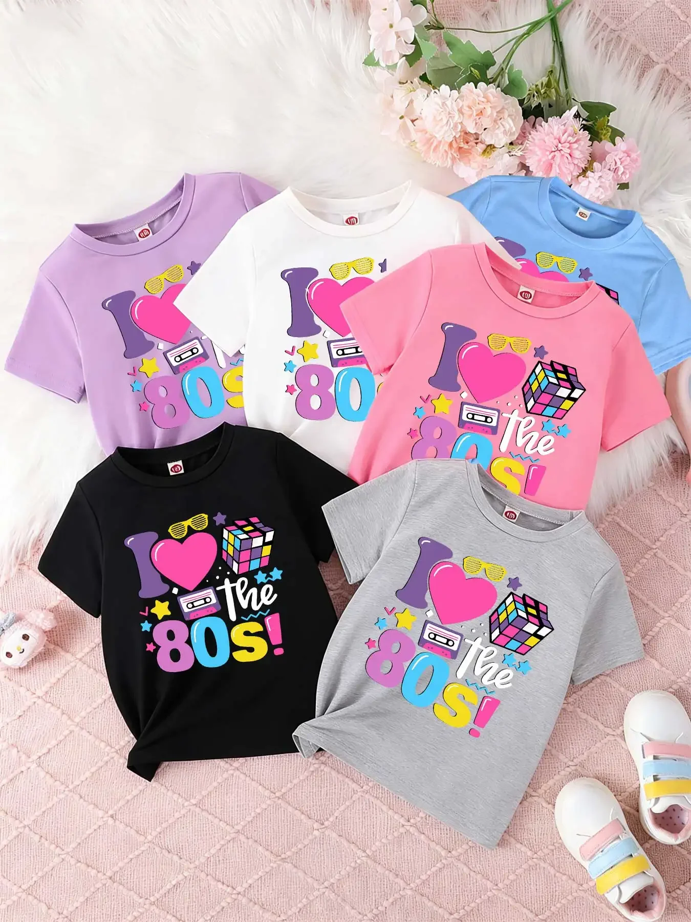 Children's short-sleeved T-shirts for boys and girls, loose and breathable,retro 80s art, 80s themed print, 80s nostalgia decor