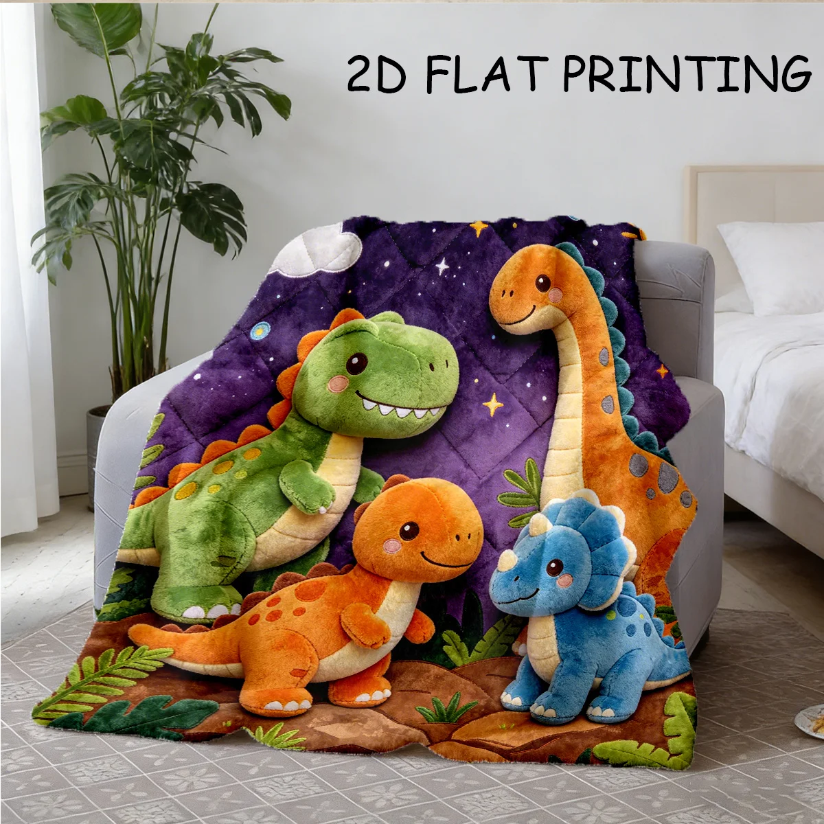 1pc Deep Purple Starry Sky Simulated Plush Dinosaur Flannel Blanket with 2D Flat Printed 3D Doll Tyrannosaurus Rex Triceratops T