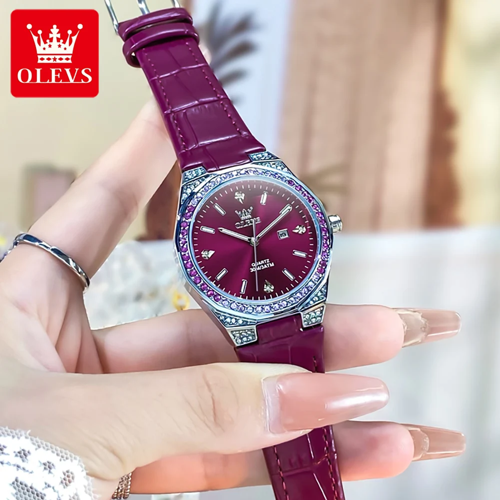 OLEVS-Relojes originales para mujer, pulsera de cuarzo con correa de cuero a la moda, resistente al agua, luminoso, 3m