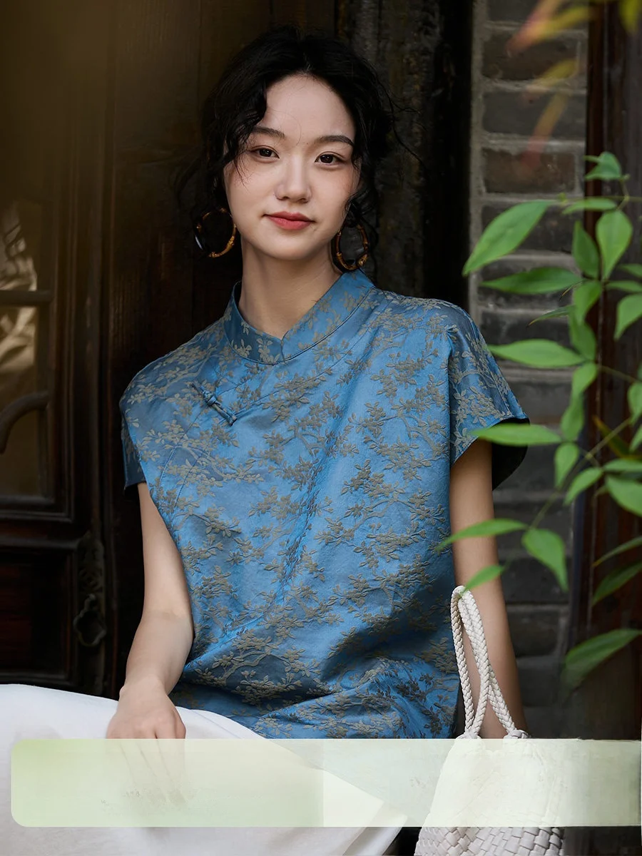 

Silk Cotton Embroidered Satin Double-sided Color New Chinese Style Stand Collar Top Women's Fashion Straight Tube Sleeve Shirt
