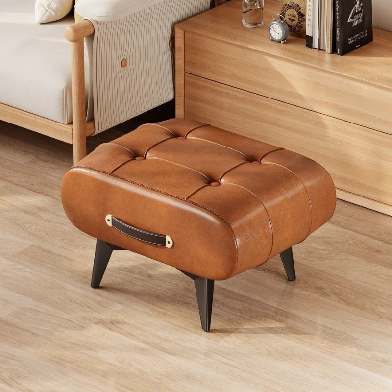 Modern PU Leather Ottoman Stool, Small Footrest Bench for  Entryway, Solid Wood Frame, High-Density Foam, Stable Load-Bearing
