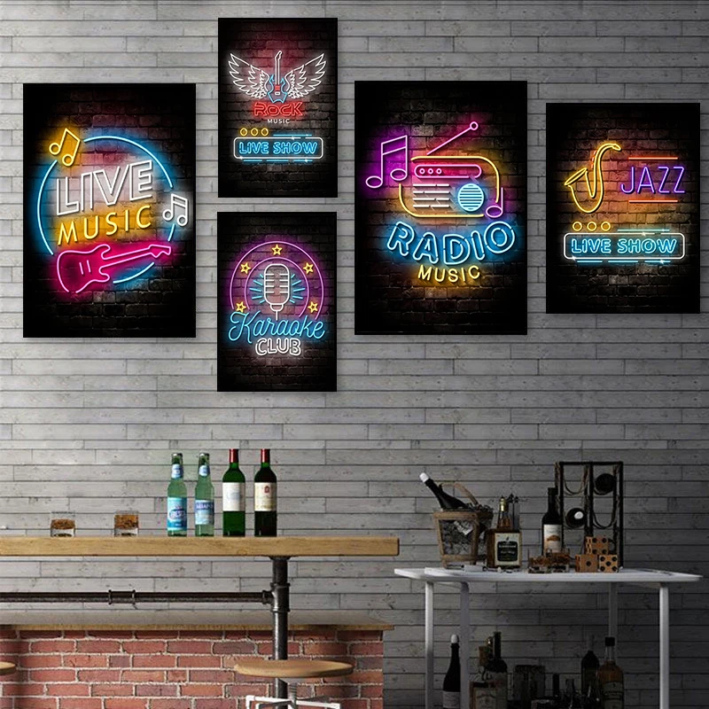 Pop Live Music Neon Poster DJ Rock Jazz Live Show Neon Sign Prints Canvas Painting Wall Art Picture for Karaoke Club Bar Decor