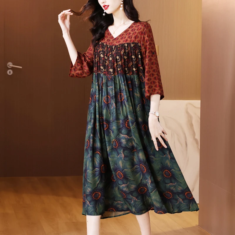 Women Floral Silk Luxury Elegant Party Dress Summer Short Sleeve V-Neck Loose Waist Dress 2024 Korean Vintage Casual Prom Dress