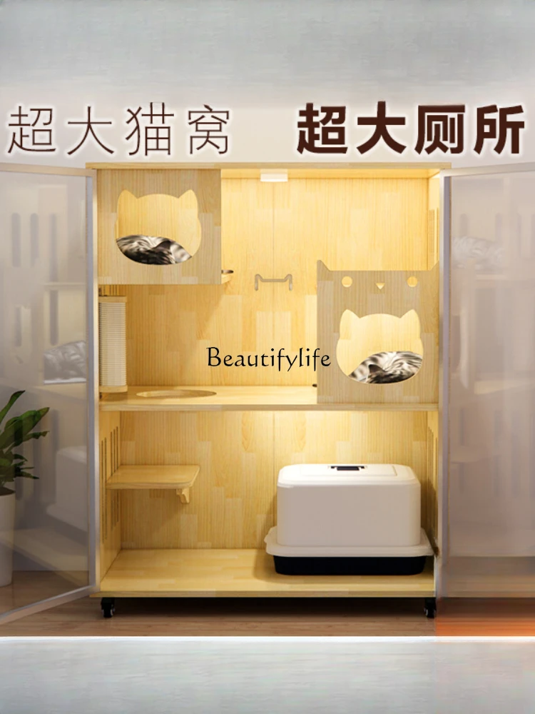 Japanese-Style Two-Cat Luxury Villa Anti-Fur Solid Wood Indoor Large Oversized Toilet Cat House