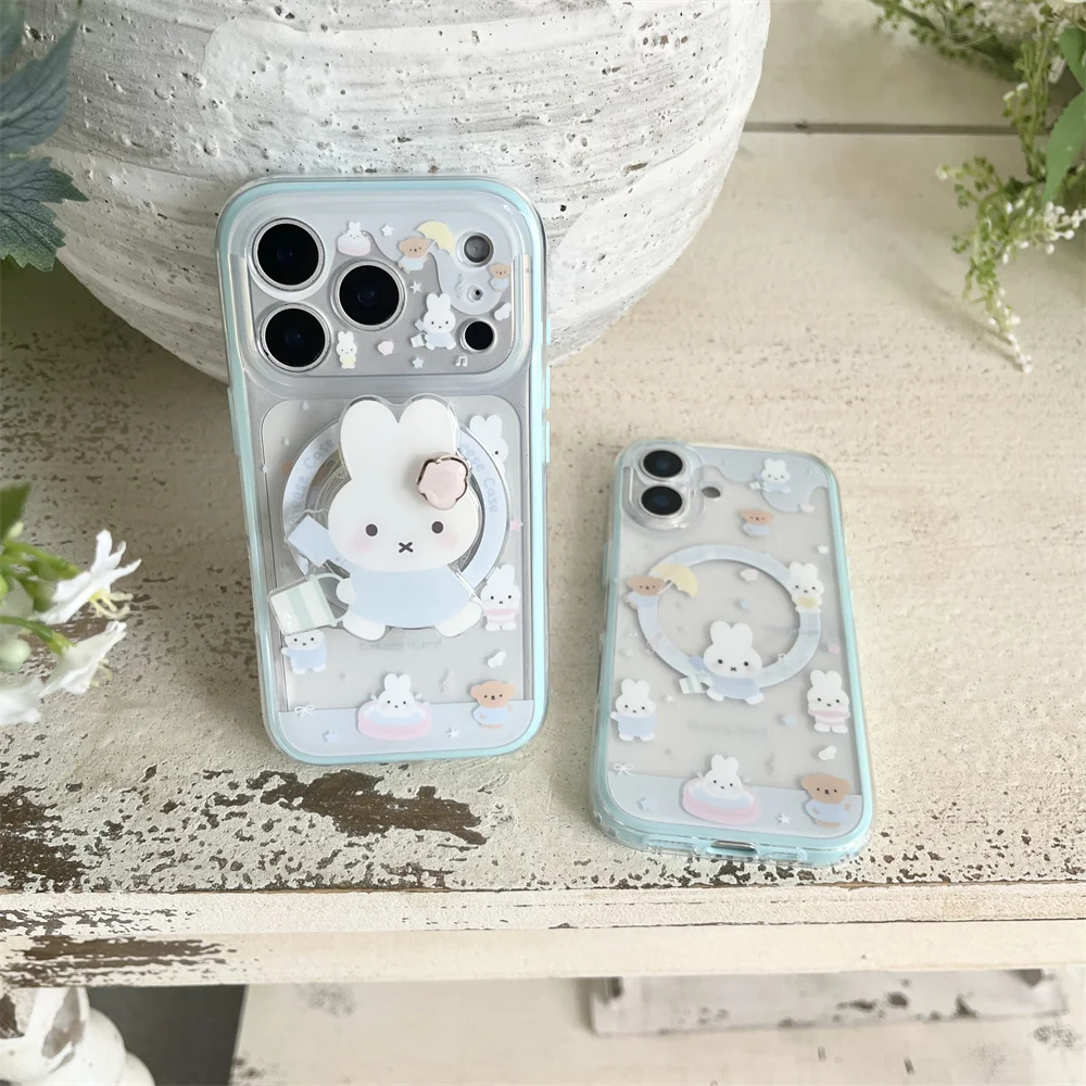 Cute Cartoon Rabbit miffy Phone Case For iPhone 15 16 17 Pro Max With Rabbit Magnetic Holder Shockproof Hard Protective Cover