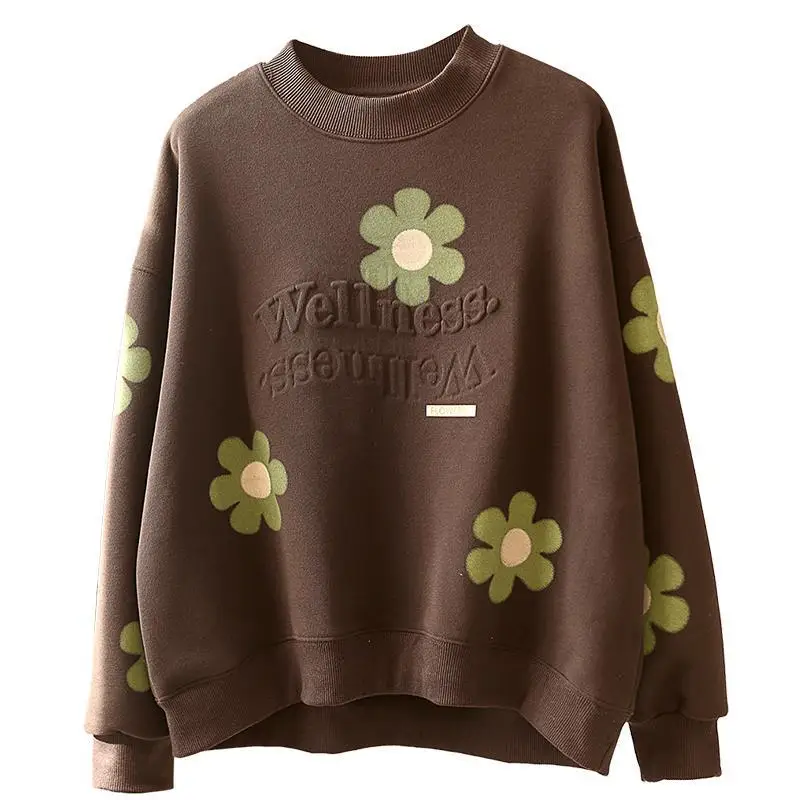 Moletons femininos plus size topos detalhes bege tendências invierno nova moda urbana estampada divertida costurado feminino jovem