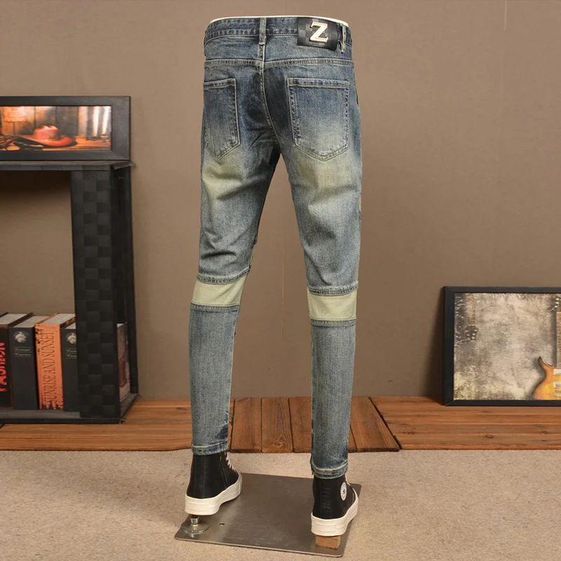 Jeans azul retrô lavado masculino, jeans rasgado fit, calça jeans remendada, estilista emendado, hip hop, moda de rua