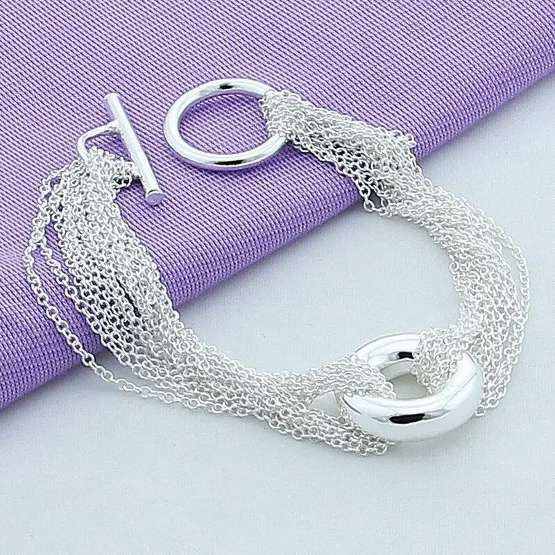 CHUANGCHEBG 8 Inch 20CM 925 Sterling Silver O-Ring Tassel Braided Bracelet With Toggle Button Elegant Jewelry