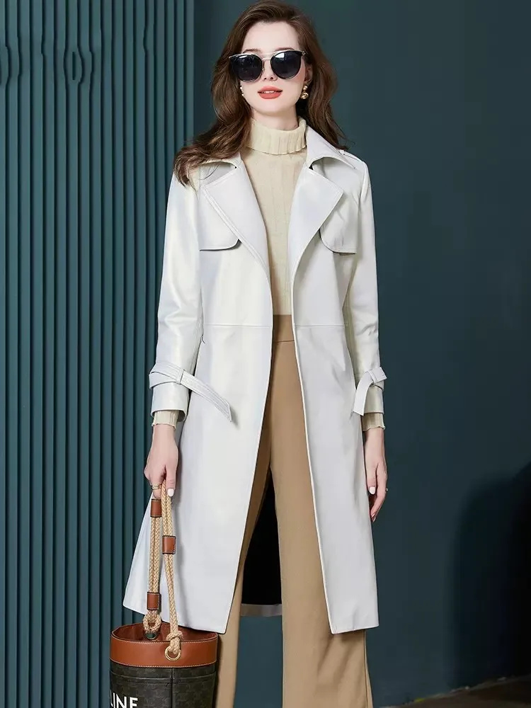 Autumn Office Ladies Belted Soft Sheepskin Long Trench Coat Women Luxury Elegant Genuine Leather Jacket White Slim Windbreaker