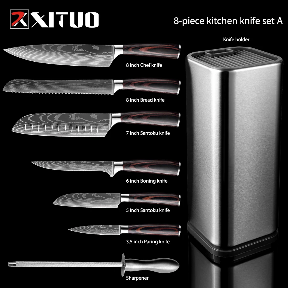 Chef Knife Set 1-8PCS Sharp Kitchen Knives Santoku Cleaver Bread Paring Knife with Stainless Steel Knife holder,Kitchen Scissors