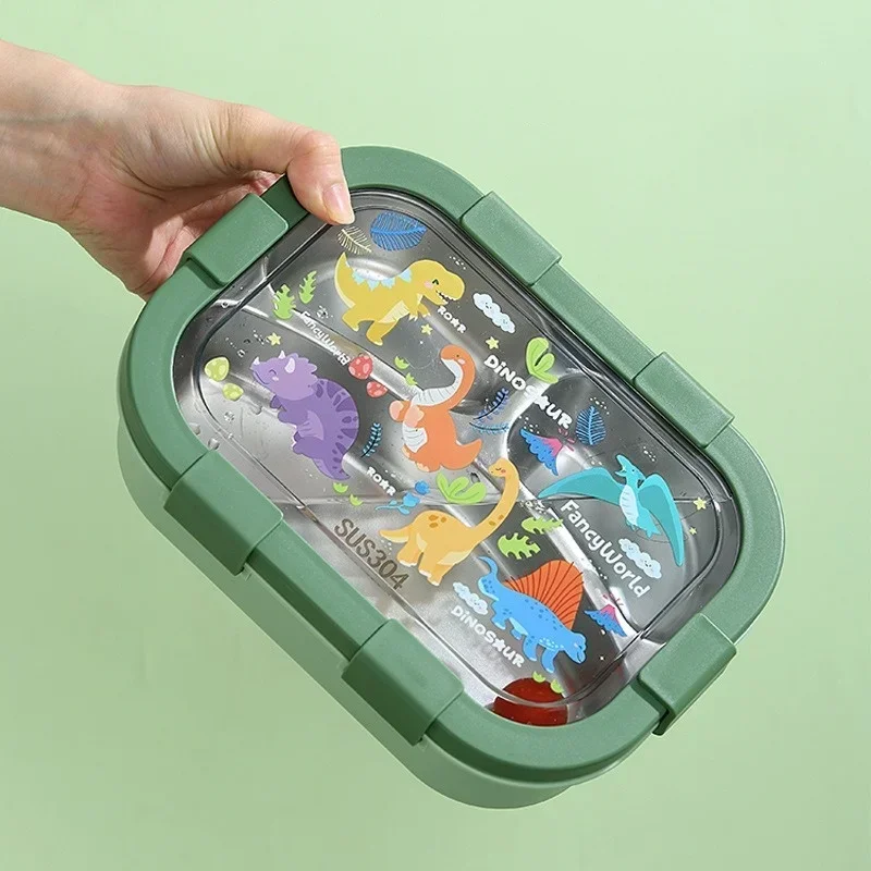 Stainless Steel Cartoon Lunch Box Compartmented Bento Box with Spoon Fork Sealed Leak-proof Lunch Box Food Storage Container