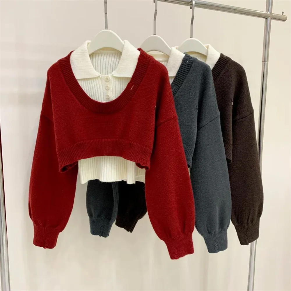 2024 New Autumn Winter Short Pullover Sweater+Slim Fit Slimming Collared Sleeveless Vest College Style Two-piece Set Tops