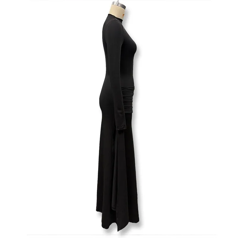 Patchwork Gerafftes Bandkleid für Damen Sexy Rollkragen Elegantes Hochgeschnittenes Abendkleid mit Langen Ärmeln – Detail 9