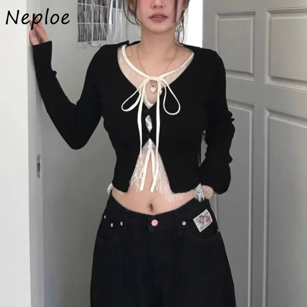 

Neploe 2025 Новый искусственный лоскутный кардиган из двух предметов с кружевными оборками, вязаный свитер Spice Girls Ropa Mujer, универсальный тонкий свитер Moda со вставками