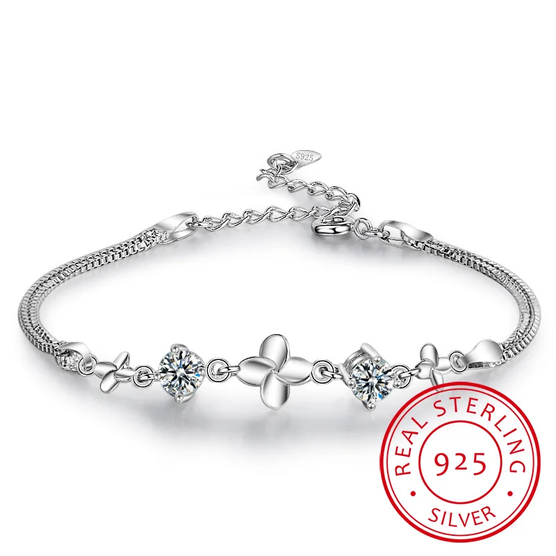 

Roamntic Crystal Clover Bracelets Girls Accessories Fashion 925 Silver Bracelets For Women Lover Valentine's Day Gift