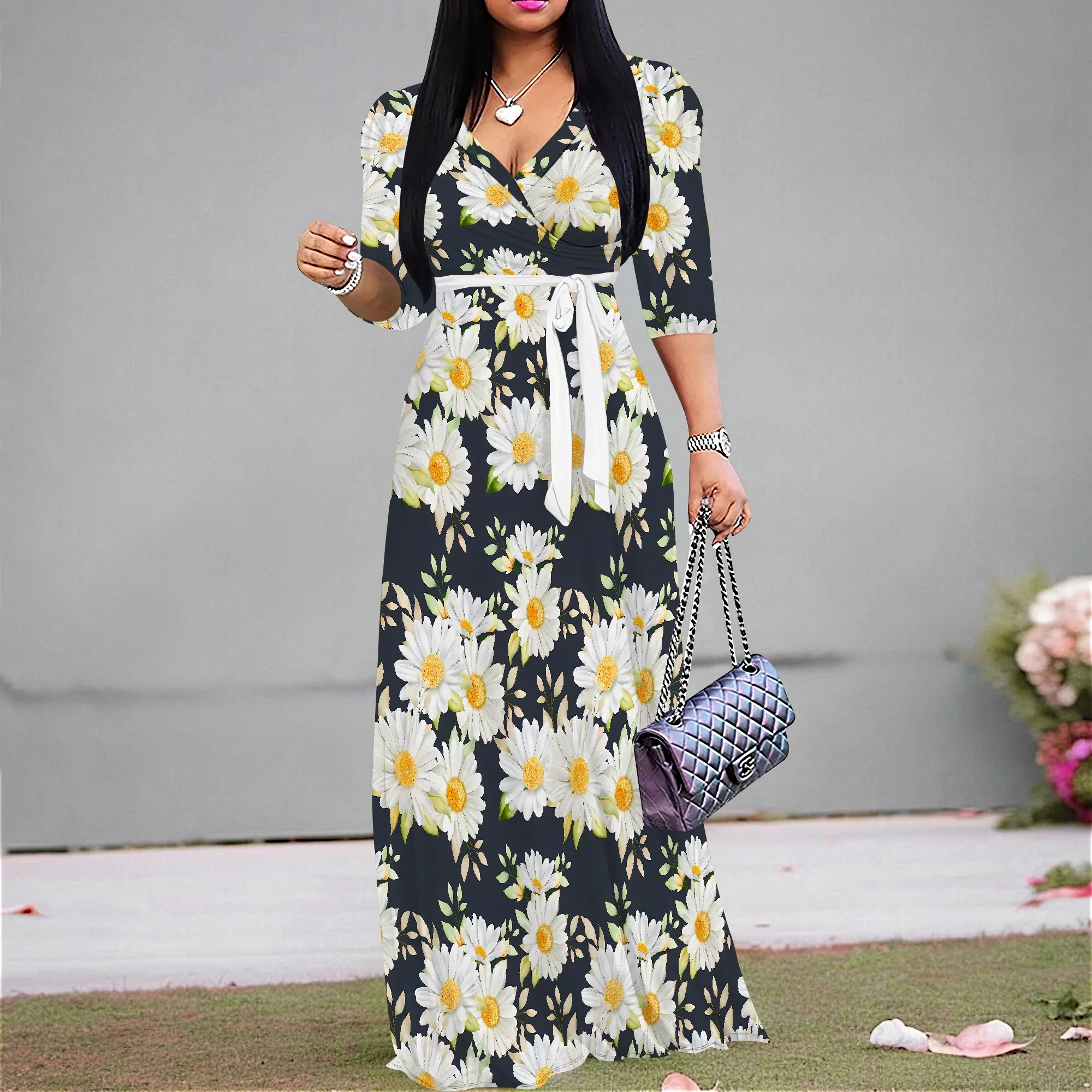 

Women's Summer Long Dress V Neck 3/4 Sleeve Maxi Dress Elegant Church Outfits with Belt
