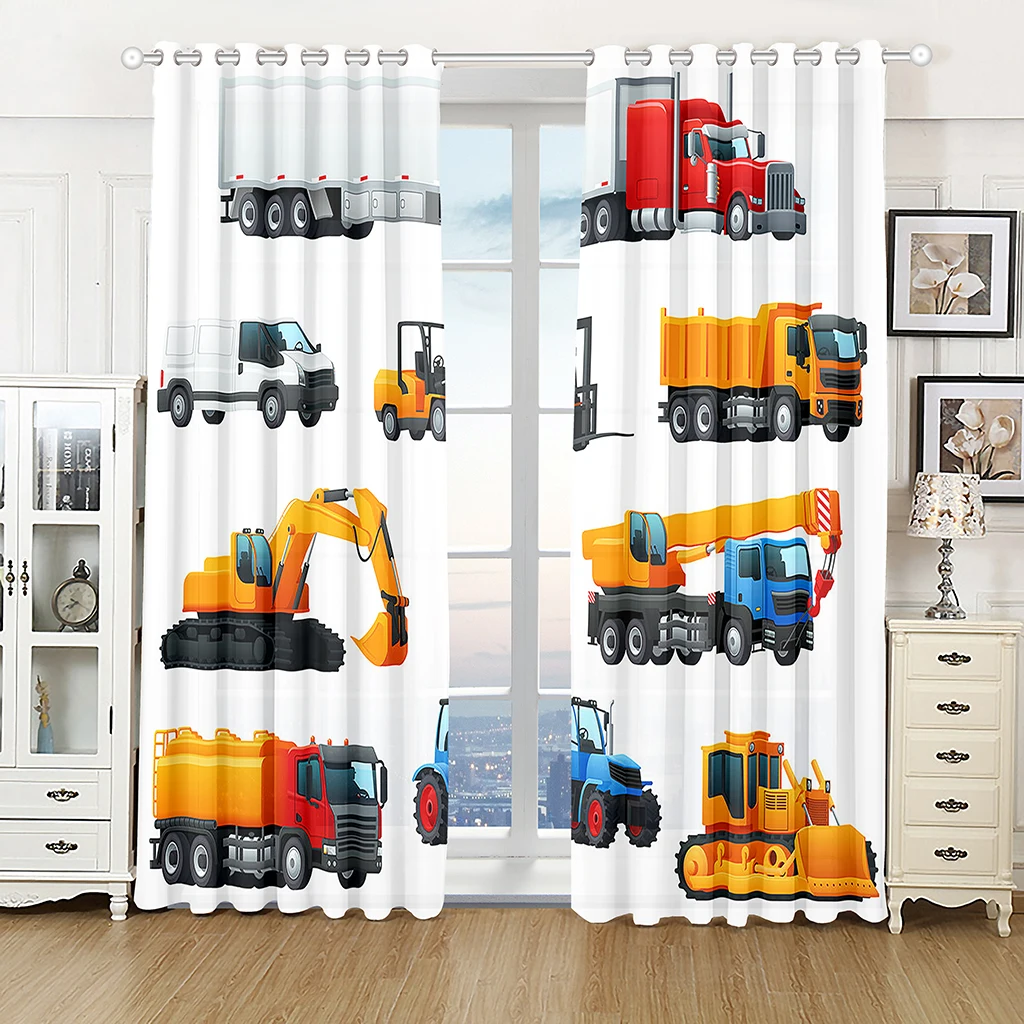 Cartoon Car Truck Fire Engien Excavator Boy Window Treatment for Bedroom, Office, Kitchen, Living Room, Home Decor, Girl, 2Pcs