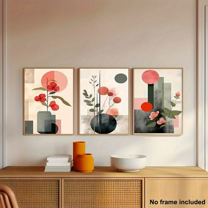 2D لشركة فيات، مجموعة 3 قطع، طباعة قماشية بدون إطار، عمل فني نباتي هندسي حديث ثلاثي الأبعاد مع تصميم زهور وأوراق شجر وردية - زن