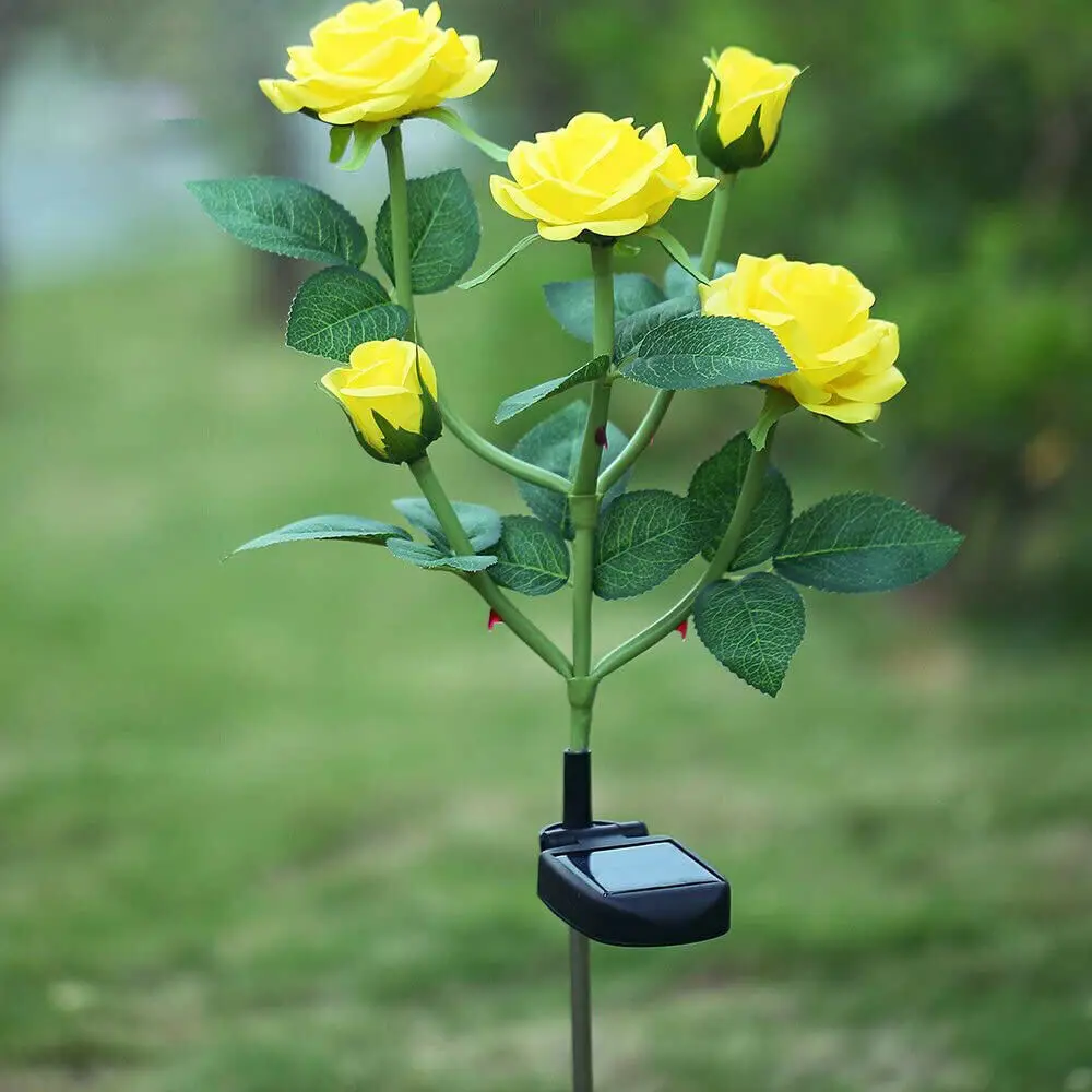 LED Solar Power Yellow Rose Wer Stake Lights Outdoor Garden Path Party Decor