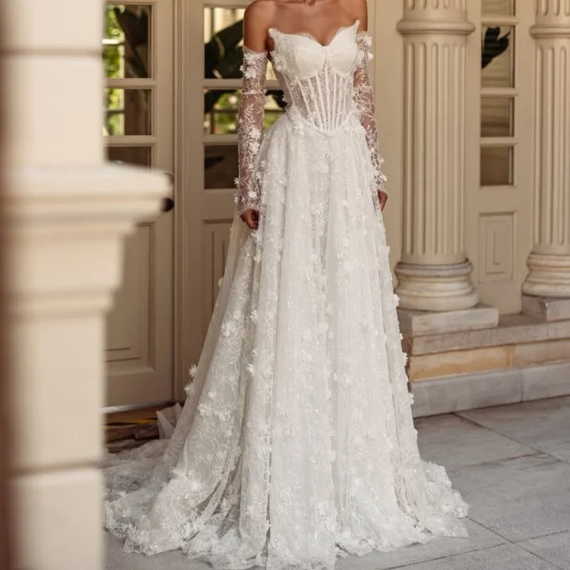 사용자 정의 간단한 새틴 스타일 아이보리 화이트 v 넥 스파게티 아플리케 웨딩 드레스 a 라인 3d 꽃 신부 가운 제작