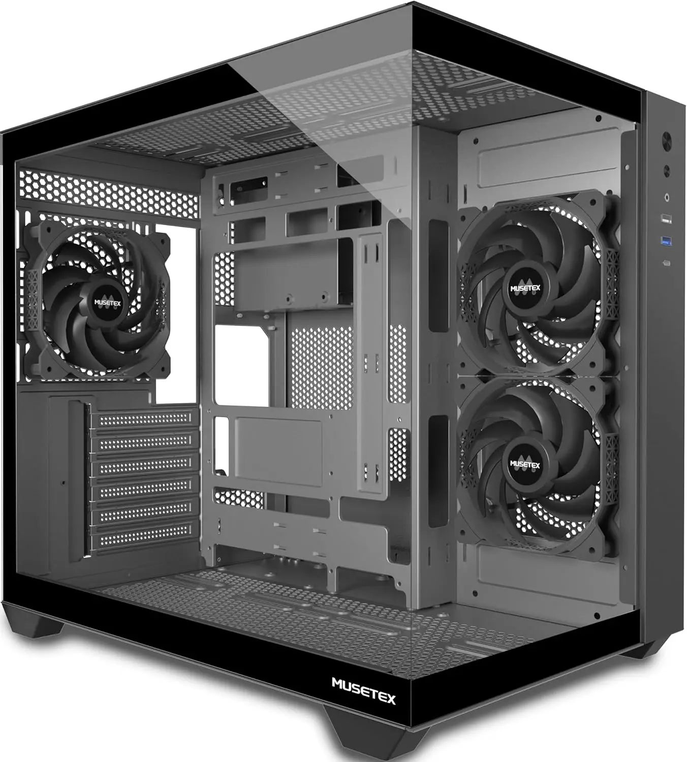 

Корпус для ПК ATX с 3 предустановленными вентиляторами, поддержкой радиатора 360 мм, полнопрозрачным закаленным стеклом, портом Type-C, дизайн Mid Tower, черный цвет