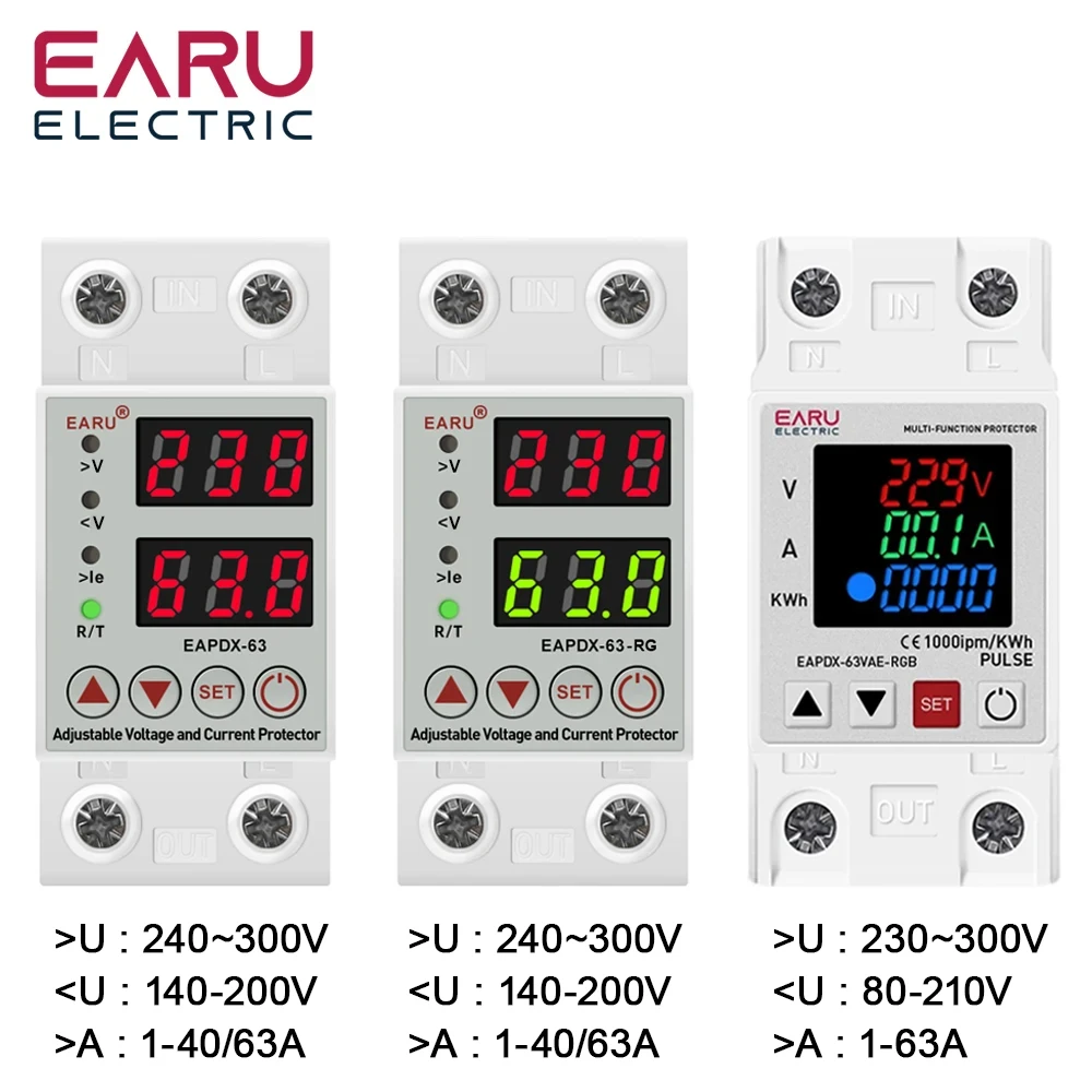 40A 63A 230V Din Rail Adjustable Digital Over Voltage Under Voltage Relay Over Current Protection kWh 220V Energy Meter