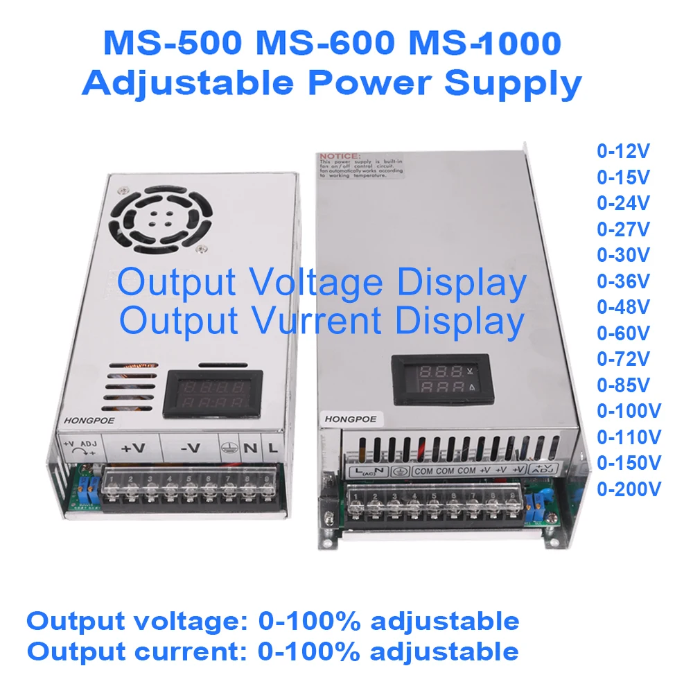 Digital display adjustable 500W 600W 1000W power supply 0-12V 15V 24V 27V 30V 36V 48V 60V 72V 90V 110V 150V 200V AC to DC SMPS