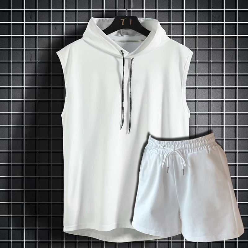 

2026 Sleeveless Top Men's Loose Waistcoat Casual Sports Hooded Vest Sweatshirt Casual Shorts Suit