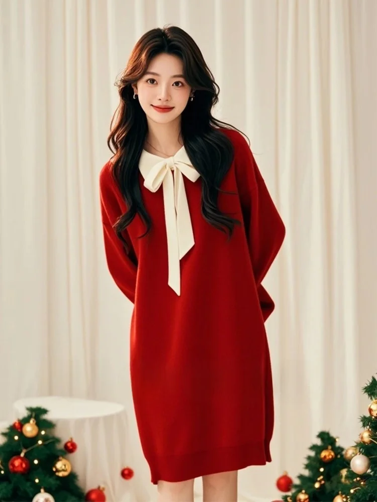 

Модное повседневное красное вязаное платье-свитер для похудения, зимнее, новинка, в корейском стиле, для поездок на работу, подходит для всех типов фигуры