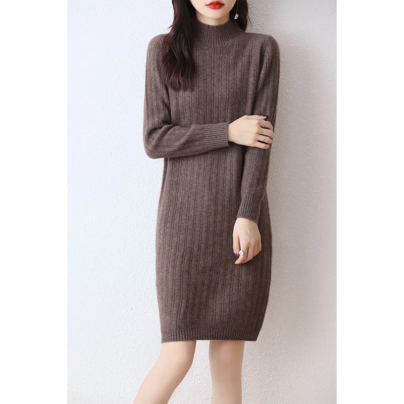 Autumn/Winter 100 pure wool dress Women's half turtleneck knitted sweater dress with thick base fashion cashmere skirt