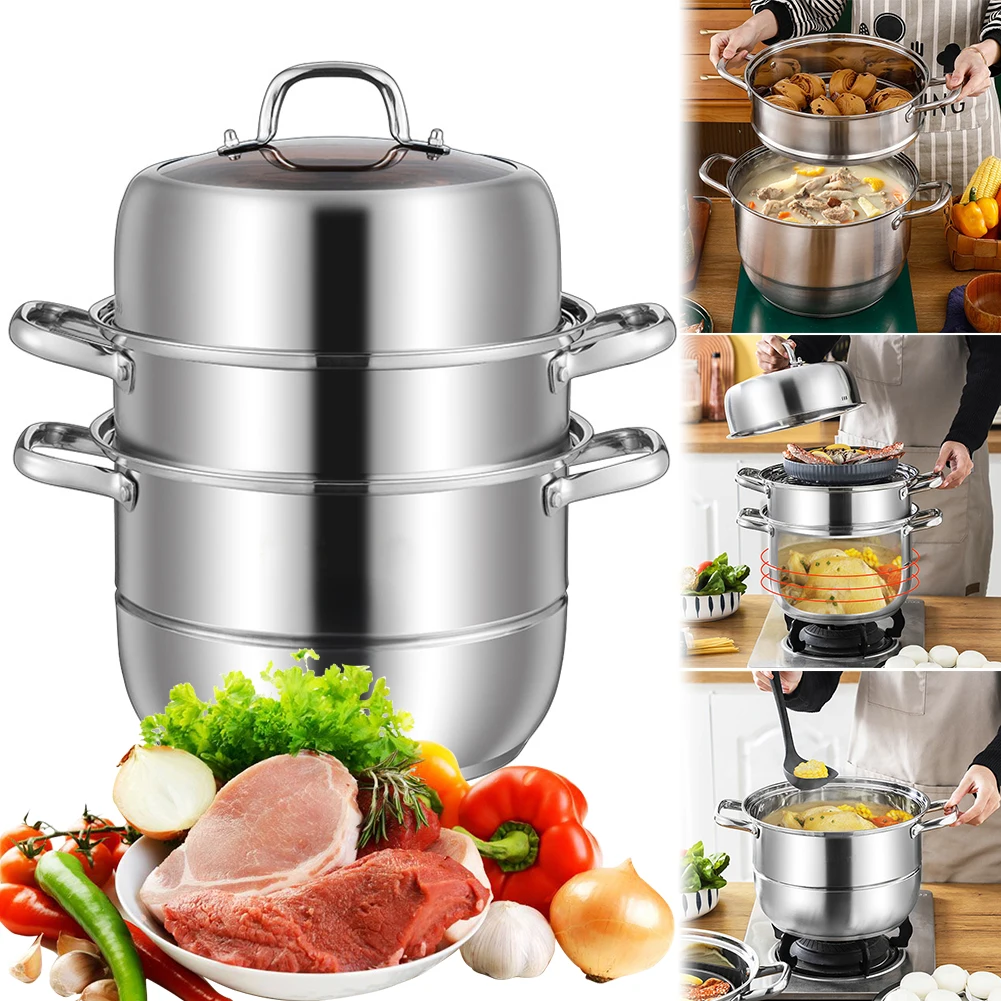 

11inch 3 Tier Stainless Steel with Lid&Handle Steaming Pot Cookware Pot Thick Food Steamer for Vegetables Seafood