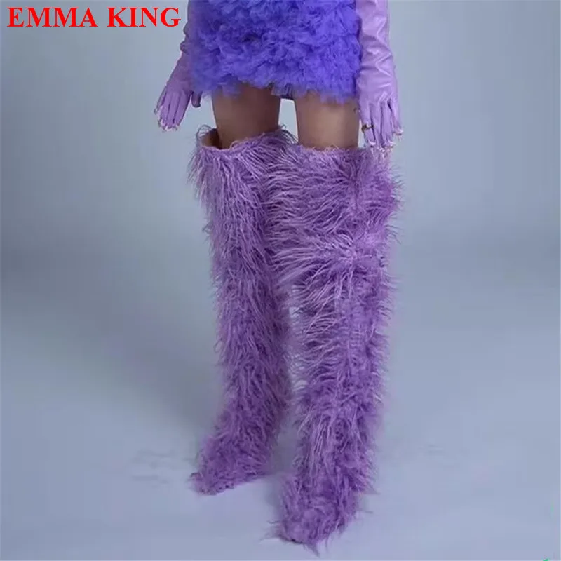 Runway Furry Women Boots 2023, Pointy Toe High Heel Over The Knee Boots Autumn Winter Fur Thigh High Boots Casual Party Shoes New