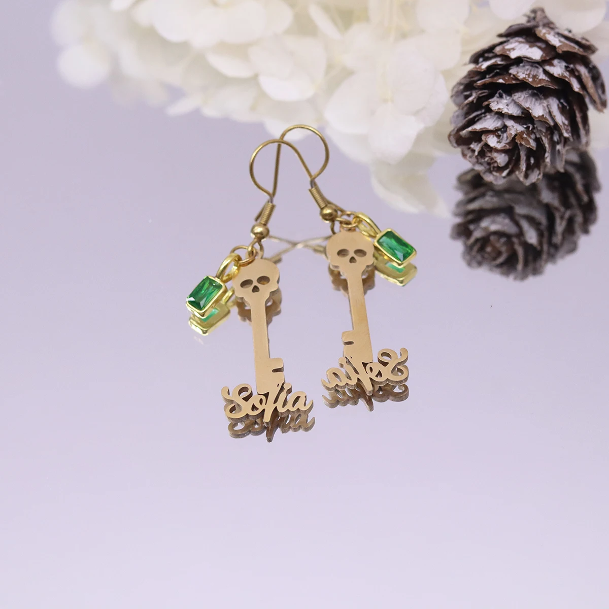 Chandler Custom Name Skull Key Earrings with Green Zircon, Gothic Themed Dangle Earrings, Ethnic Jewelry for Women