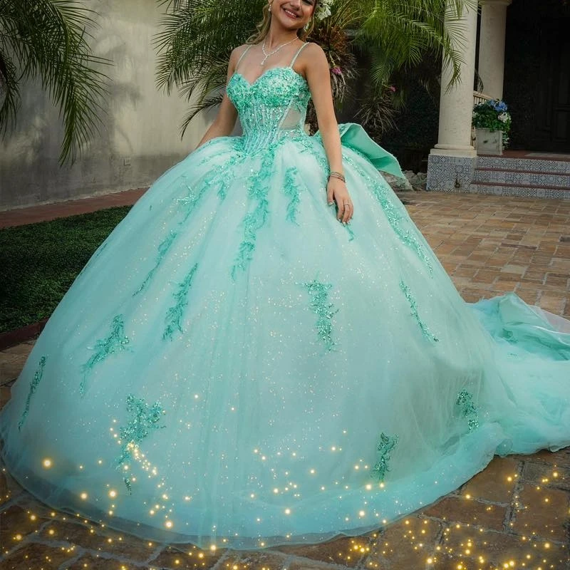 

Mint Green Shiny Ball Gown Quinceanera Dresses 2026 Sequin Applique Lace Beading Crystal Bow Tull Corset Off Shoulder Sweet 16