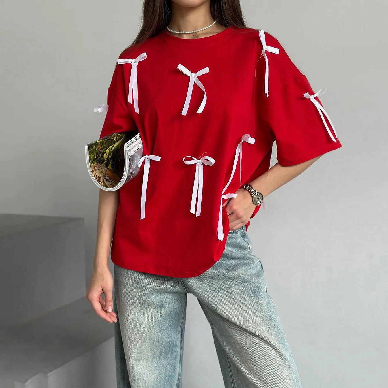 Odzież Damska Casual Oversized Shirts Tops With Bow 2024 Nowa Letnia Moda Elegancka Koszulka z Krótkim Rękawem Okrągły Dekolt Tees Y2k